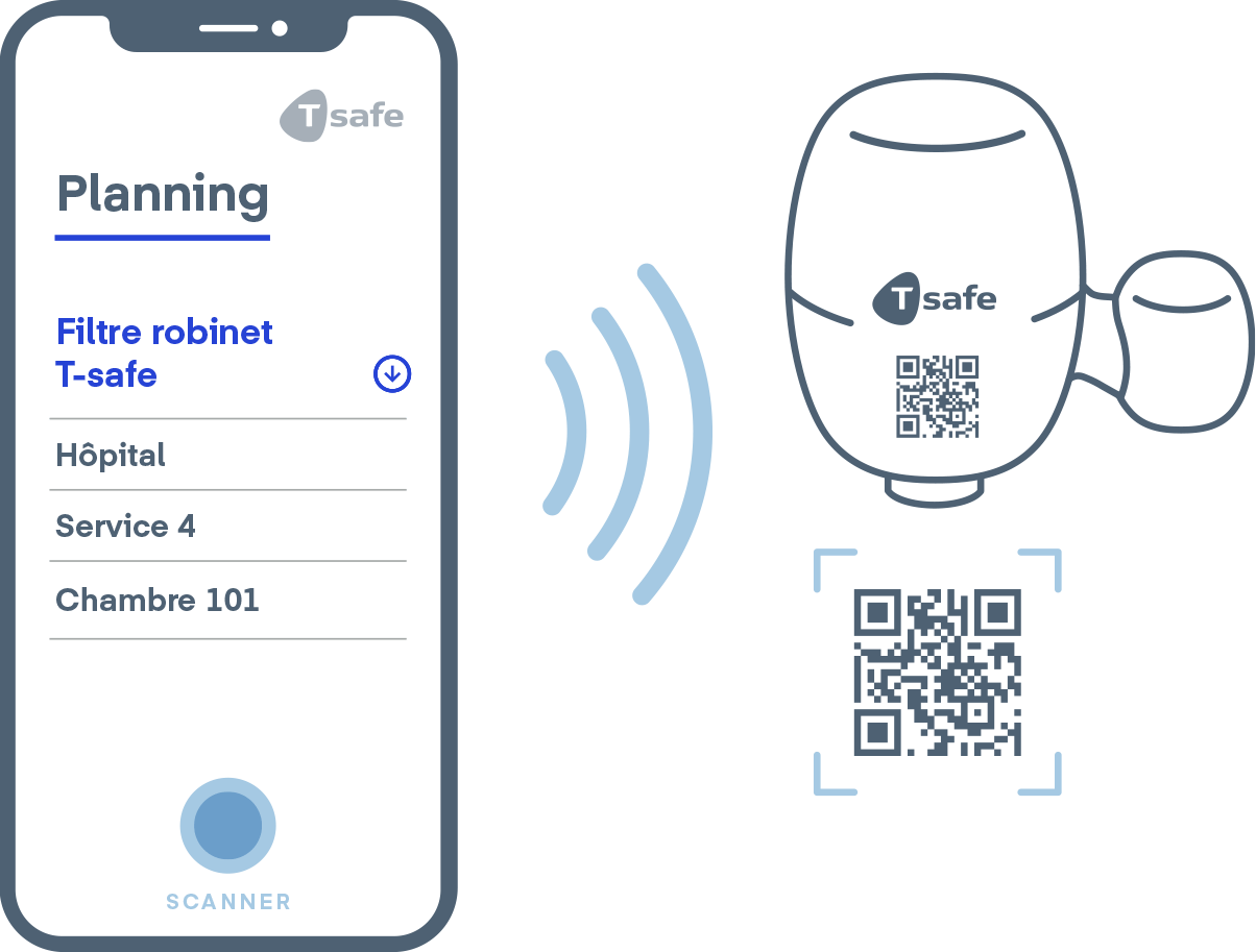 Illustration d'un filtre de robinet T-safe avec une application mobile. L'image montre l'écran d'un smartphone affichant "T-safe Tap Filter" sous le titre "Schedule". À côté du téléphone se trouve un dessin stylisé d'un filtre de robinet T-safe avec un code QR, qui est scanné par le téléphone. L'image illustre l'intégration des filtres T-safe avec une application logicielle pour la gestion électronique.